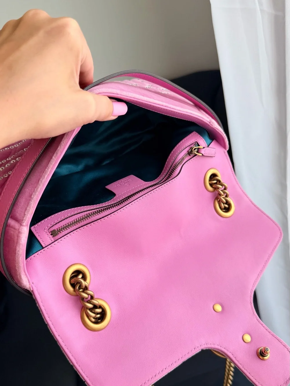 Gucci GG Marmont Pink Velvet Crystal Embellished Shoulder Bag